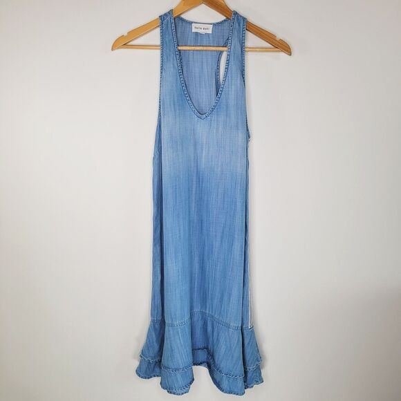 BELLA DAHL Blue Chambray Dress Size L Side-Stripe Racerback Flounce V-Neck - Picture 5 of 15